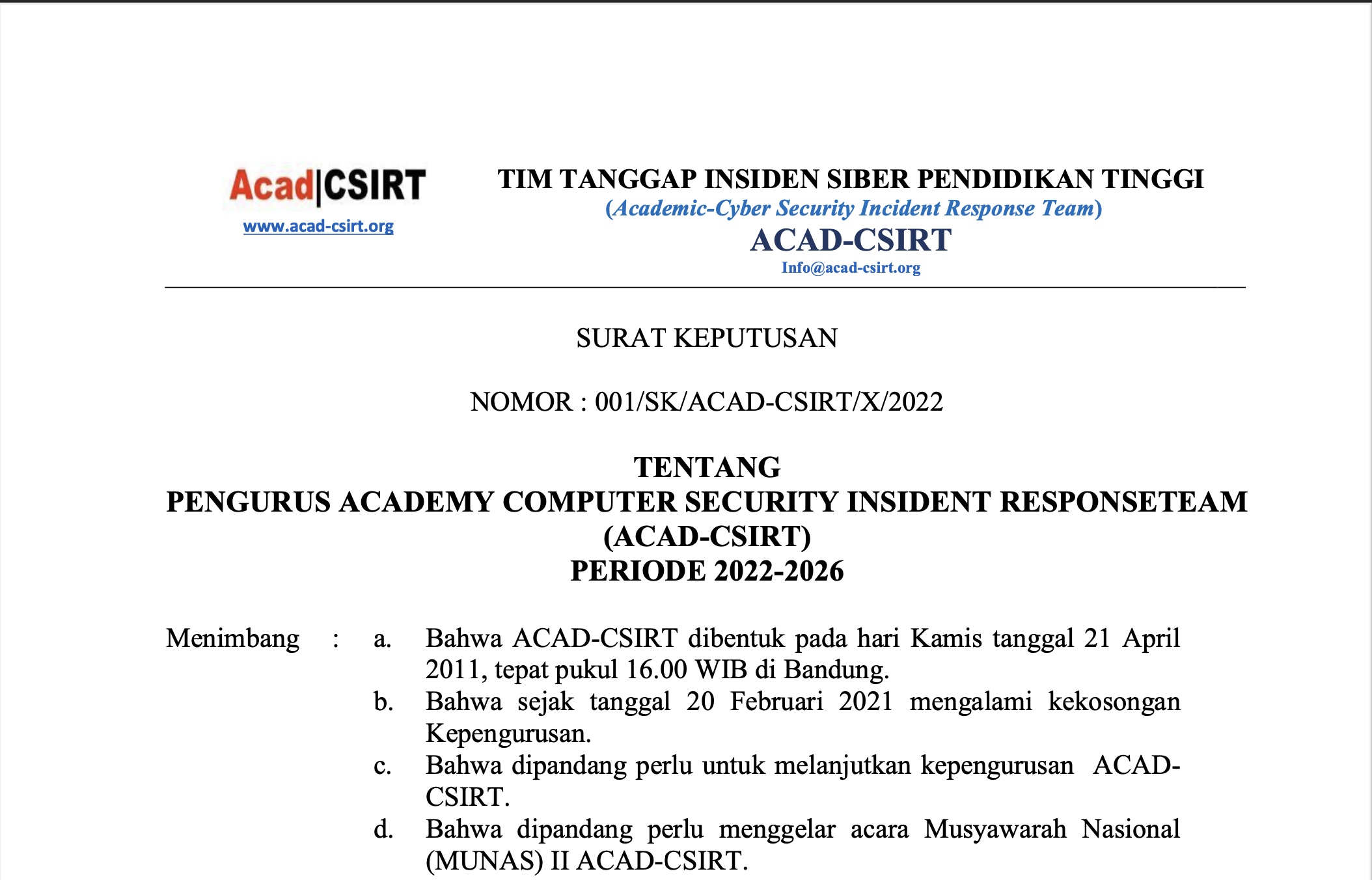 Susunan Kepengurusan ACAD-CSIRT Periode 2022-2026